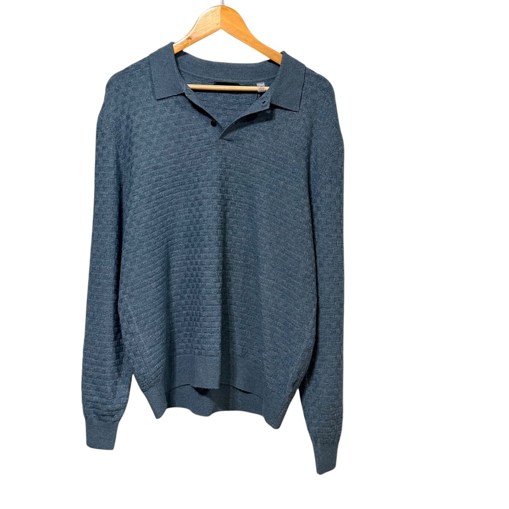 Tahari Mens Blue Basketweave Knit Long Sleeve Polo Sweater Wool Blend Large